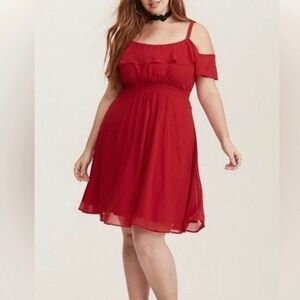 Torrid Red Chiffon Ruffled Cold Shoulder Skater Dress Size 18